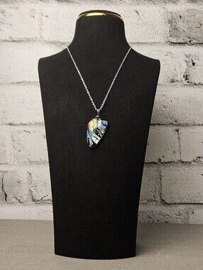 Abstract Iridescent Glass Pendant Necklace Silver Tone Statement Jewelry
